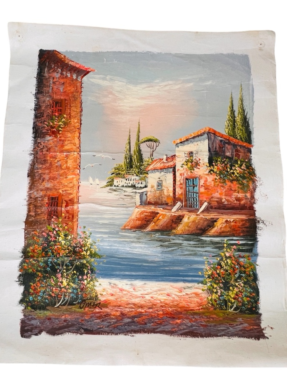 Vintage Oil Painting Coastal Landscape Mediterranean Sea Signed by Artist Omer